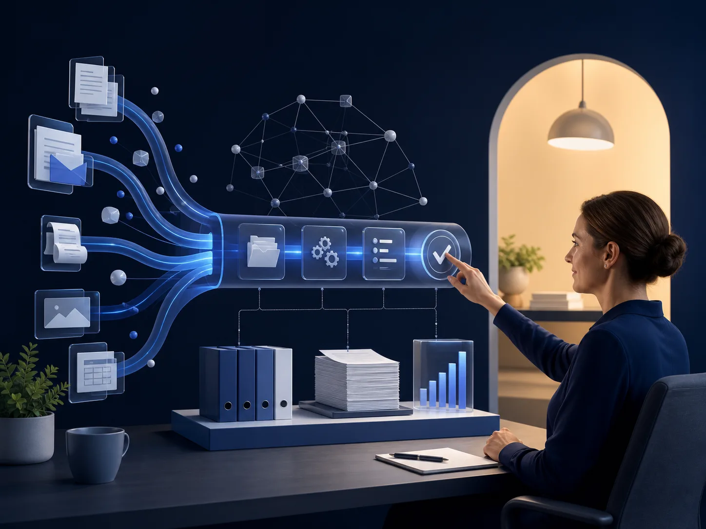 Small business operator beside connected document and workflow pathways, approving a structured output.