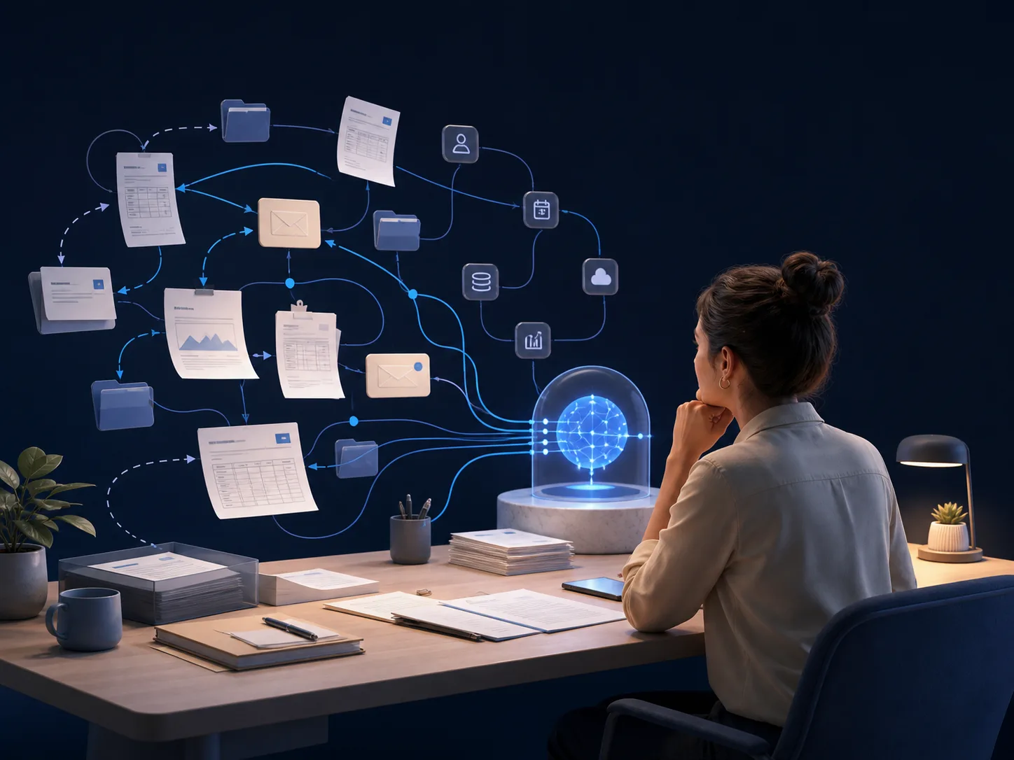 Small business operator facing disconnected documents and software pathways while reviewing an AI-supported workflow.