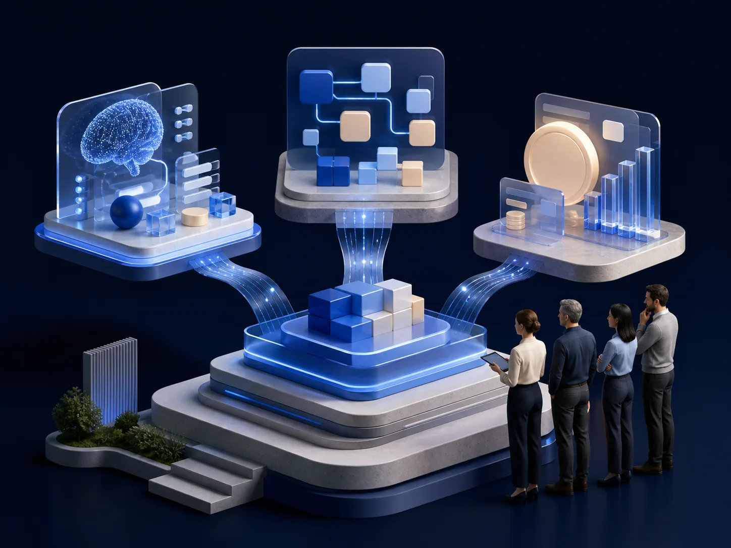 Three production capability platforms connect AI, software, and people into one stable system.